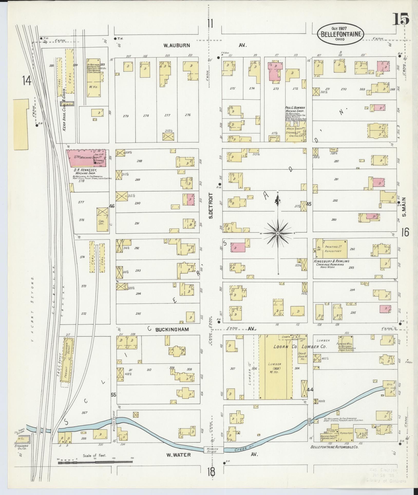 Sanborn Fire Insurance Map from Bellefontaine, Logan County, Ohio (1907), Sheet #0015 - Historic Sanborn Fire Insurance Map Print, vintage old map wall art, antique decor, genealogy gift, Ohio Ohio map