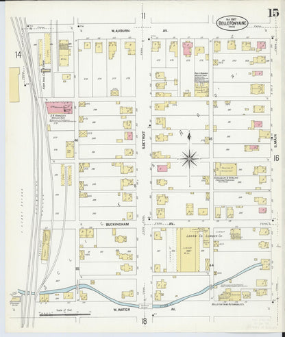 Sanborn Fire Insurance Map from Bellefontaine, Logan County, Ohio (1907), Sheet #0015 - Historic Sanborn Fire Insurance Map Print, vintage old map wall art, antique decor, genealogy gift, Ohio Ohio map