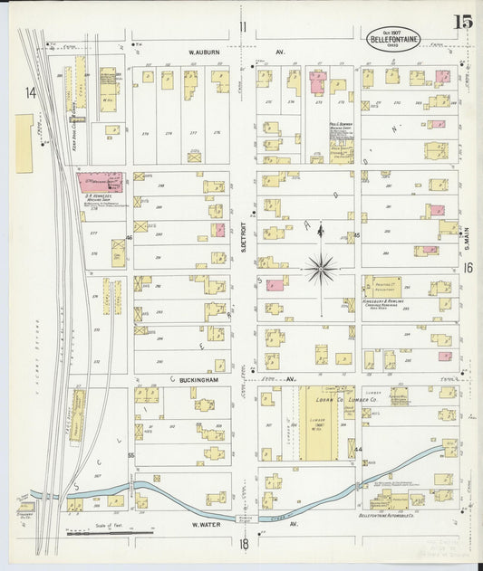 Sanborn Fire Insurance Map from Bellefontaine, Logan County, Ohio (1907), Sheet #0015 - Historic Sanborn Fire Insurance Map Print, vintage old map wall art, antique decor, genealogy gift, Ohio Ohio map
