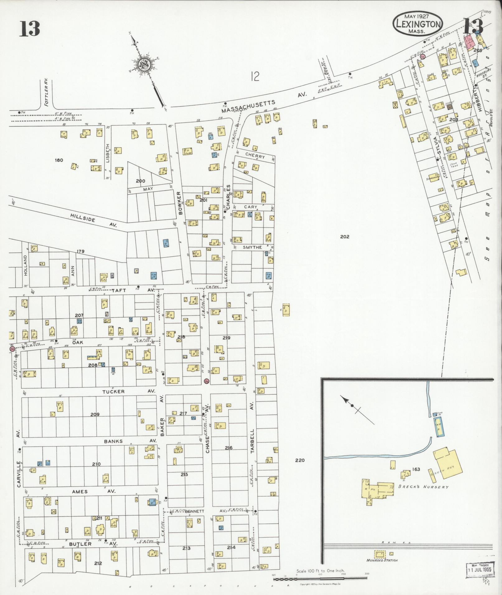 Sanborn Fire Insurance Map from Lexington, Middlesex County, Massachusetts (1927), Sheet #0013 - Complete Map Set gallery image, historic Sanborn map, vintage wall art, Massachusetts Massachusetts