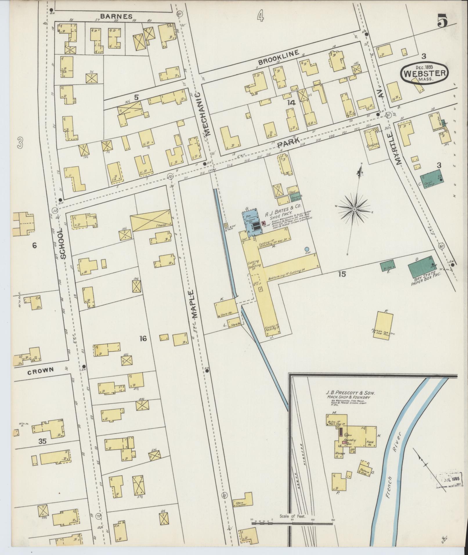 Sanborn Fire Insurance Map from Webster, Worcester County, Massachusetts (1893), Sheet #0005 - Historic Sanborn Fire Insurance Map Print, vintage old map wall art, antique decor, genealogy gift, Massachusetts Massachusetts map
