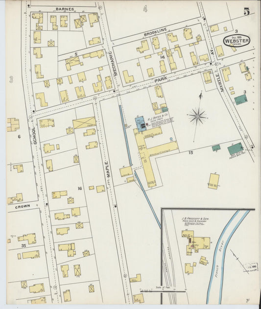 Sanborn Fire Insurance Map from Webster, Worcester County, Massachusetts (1893), Sheet #0005 - Historic Sanborn Fire Insurance Map Print, vintage old map wall art, antique decor, genealogy gift, Massachusetts Massachusetts map