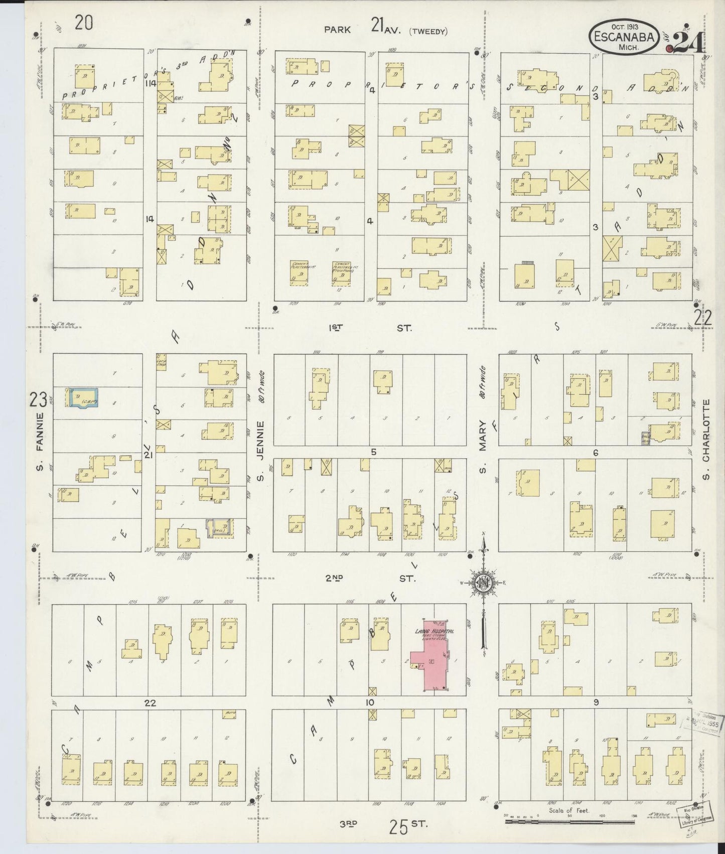 Sanborn Fire Insurance Map from Escanaba, Delta County, Michigan (1913), Sheet #0024 - Historic Sanborn Fire Insurance Map Print, vintage old map wall art, antique decor, genealogy gift, Michigan Michigan map