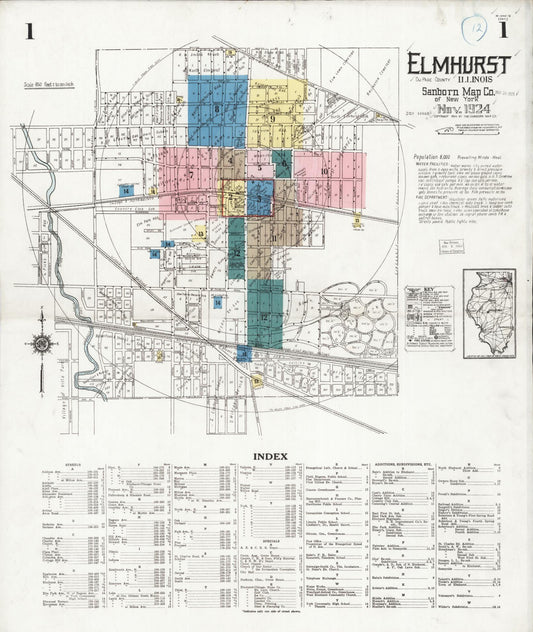 Sanborn Fire Insurance Map from Elmhurst, Du Page County, Illinois (1924), Sheet #0001 - Historic Sanborn Fire Insurance Map Print, vintage old map wall art, antique decor, genealogy gift, Illinois Illinois map