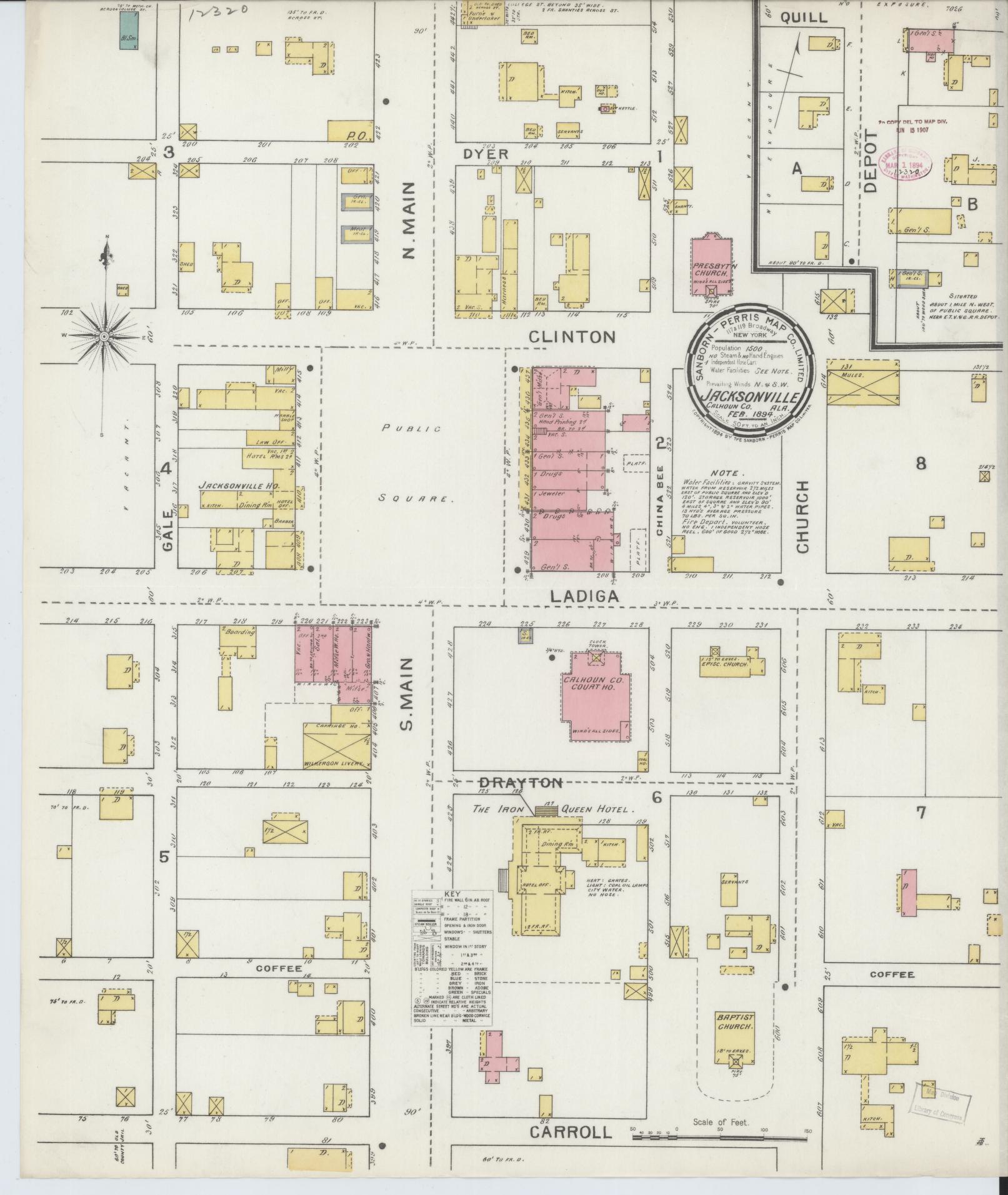 Sanborn Fire Insurance Map from Jacksonville, Calhoun County, Alabama (1894), Sheet #0001 - Historic Sanborn Fire Insurance Map Print, vintage old map wall art, antique decor, genealogy gift, Alabama Alabama map