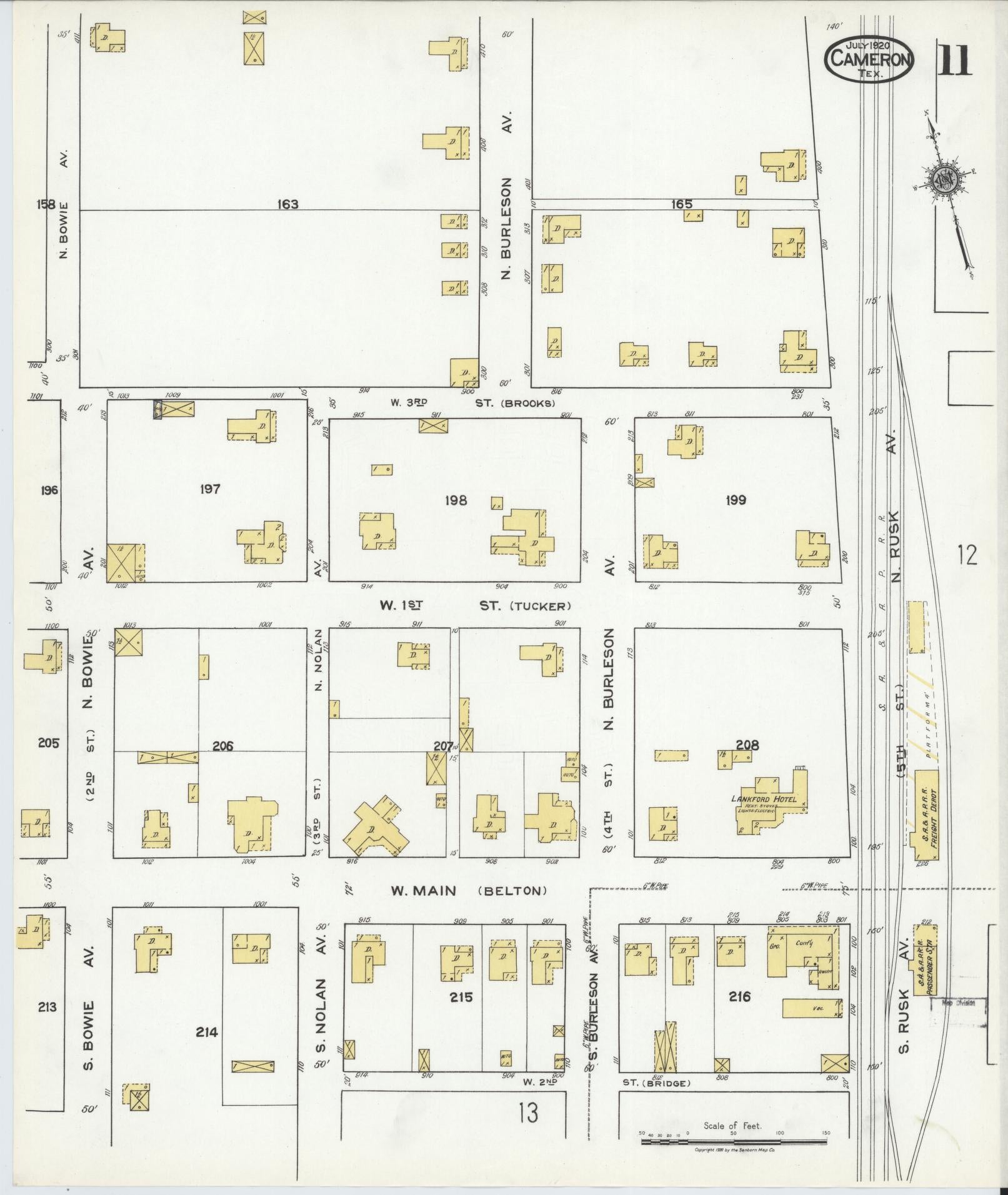 Sanborn Fire Insurance Map from Cameron, Milam County, Texas (1920), Sheet #0011 - Historic Sanborn Fire Insurance Map Print, vintage old map wall art, antique decor, genealogy gift, Texas Texas map