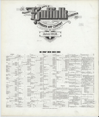 Sanborn Fire Insurance Map from Suffolk, Independent Cities, Virginia (1921), Sheet #0001 - Historic Sanborn Fire Insurance Map Print, vintage old map wall art, antique decor, genealogy gift, Virginia Virginia map