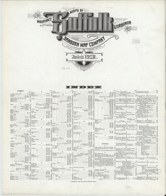 Sanborn Fire Insurance Map from Suffolk, Independent Cities, Virginia (1921), Sheet #0001 - Historic Sanborn Fire Insurance Map Print, vintage old map wall art, antique decor, genealogy gift, Virginia Virginia map