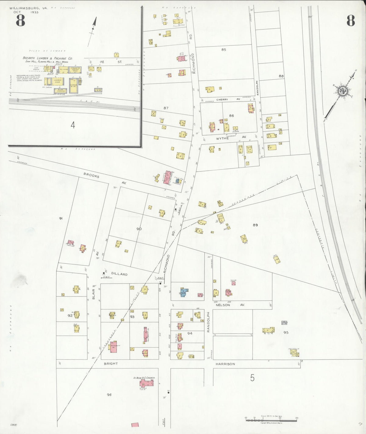 Sanborn Fire Insurance Map from Williamsburg, Independent Cities, Virginia (1933), Sheet #0008 - Historic Sanborn Fire Insurance Map Print, vintage old map wall art, antique decor, genealogy gift, Virginia Virginia map