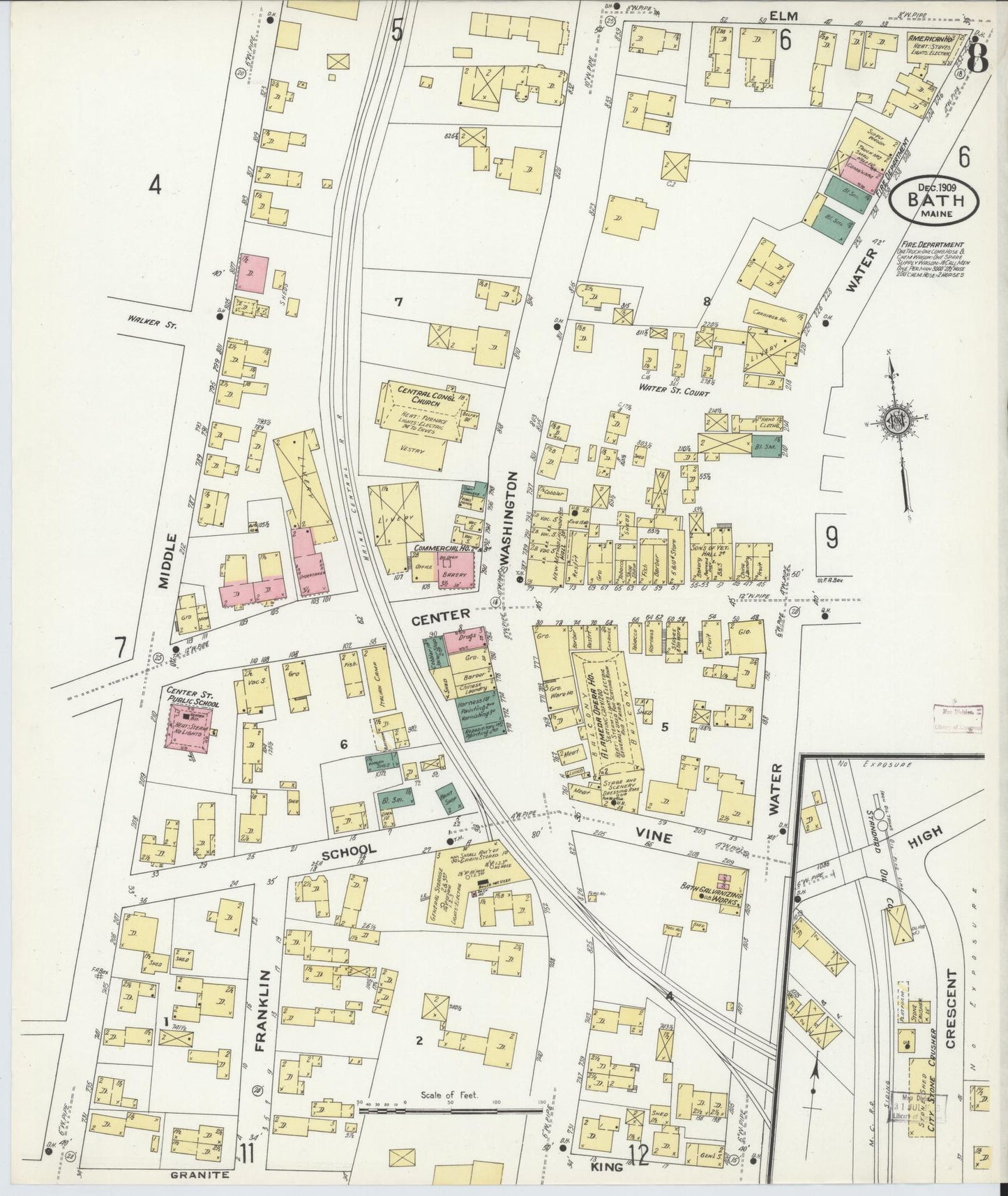 Sanborn Fire Insurance Map from Bath, Sagadahoc County, Maine (1909), Sheet #0008 - Historic Sanborn Fire Insurance Map Print, vintage old map wall art, antique decor, genealogy gift, Maine Maine map