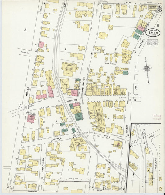 Sanborn Fire Insurance Map from Bath, Sagadahoc County, Maine (1909), Sheet #0008 - Historic Sanborn Fire Insurance Map Print, vintage old map wall art, antique decor, genealogy gift, Maine Maine map