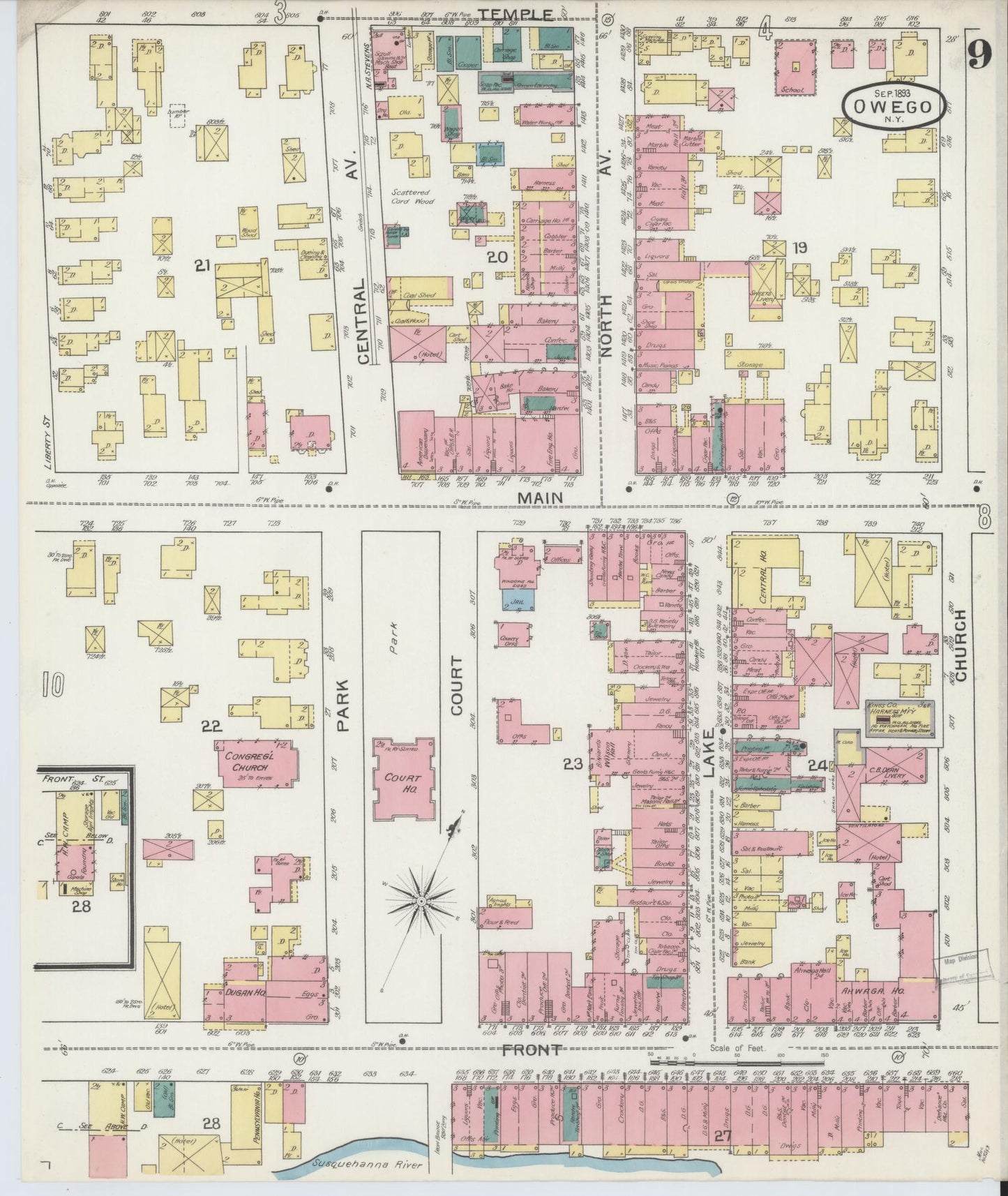 Sanborn Fire Insurance Map from Owego, Tioga County, New York (1893), Sheet #0009 - Historic Sanborn Fire Insurance Map Print, vintage old map wall art, antique decor, genealogy gift, New York New York map