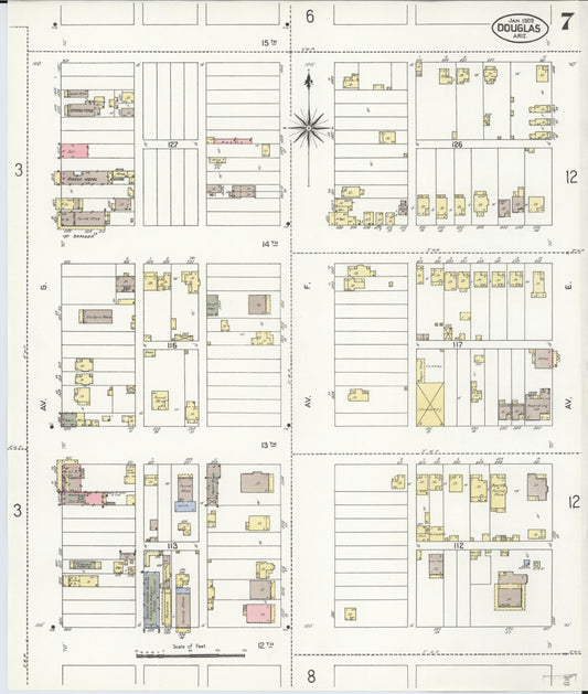Sanborn Fire Insurance Map from Douglas, Cochise County, Arizona (1909), Sheet #0007 - Historic Sanborn Fire Insurance Map Print, vintage old map wall art, antique decor, genealogy gift, Arizona Arizona map