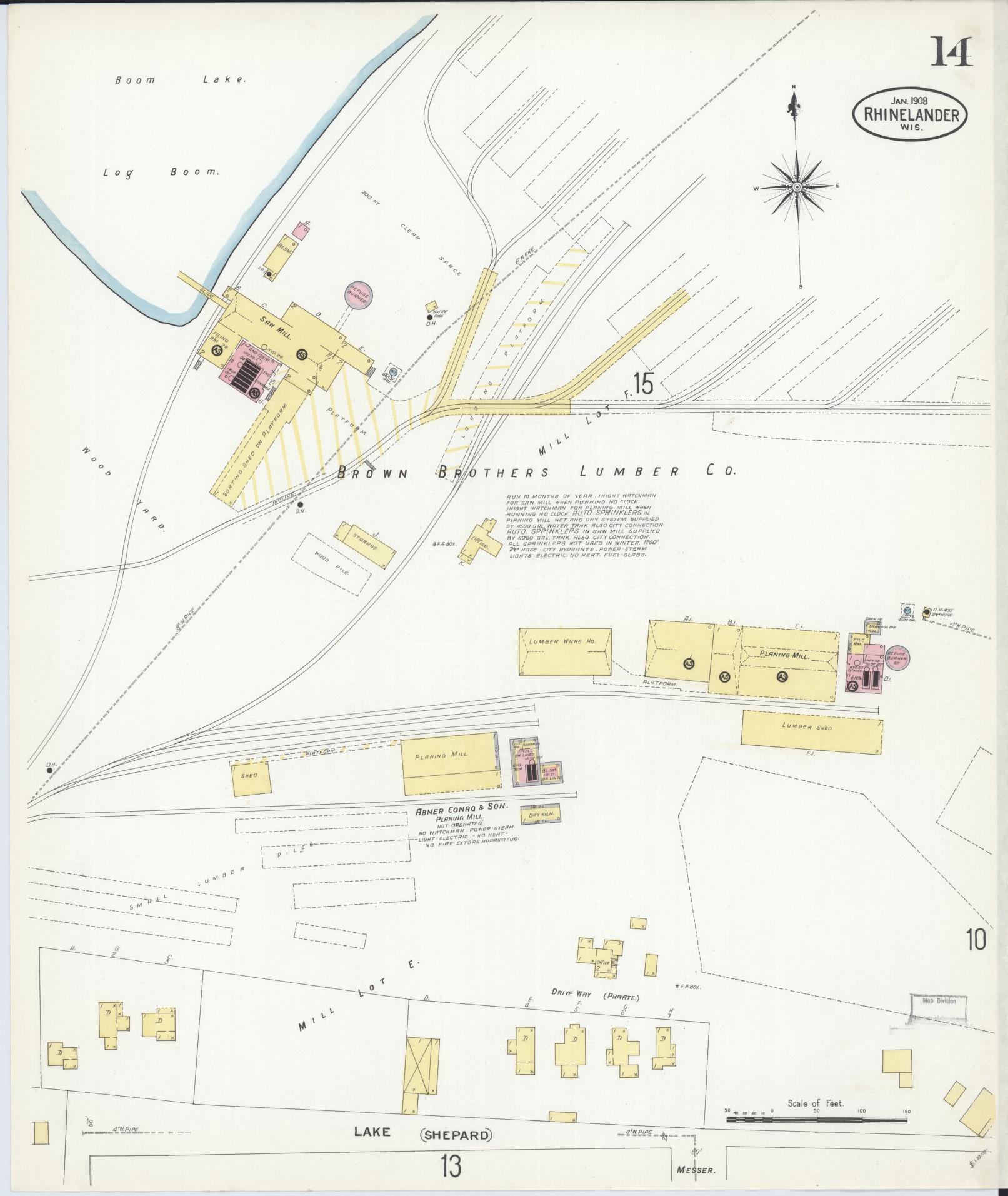 Sanborn Fire Insurance Map from Rhinelander, Oneida County, Wisconsin (1908), Sheet #0014 - Complete Map Set gallery image, historic Sanborn map, vintage wall art, Wisconsin Wisconsin