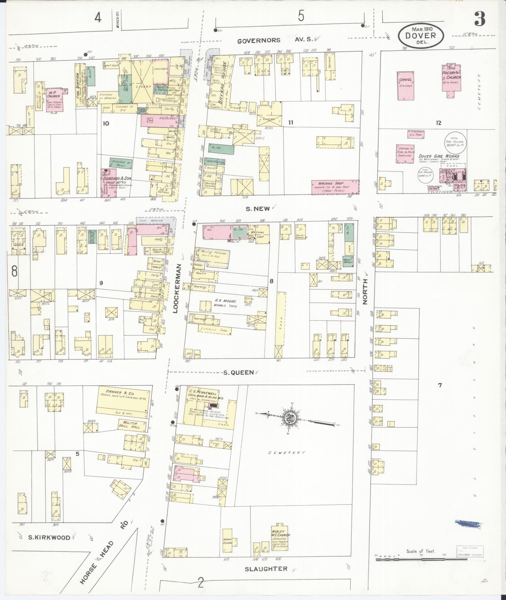 Sanborn Fire Insurance Map from Dover, Kent County, Delaware (1910), Sheet #0003 - Historic Sanborn Fire Insurance Map Print, vintage old map wall art, antique decor, genealogy gift, Delaware Delaware map