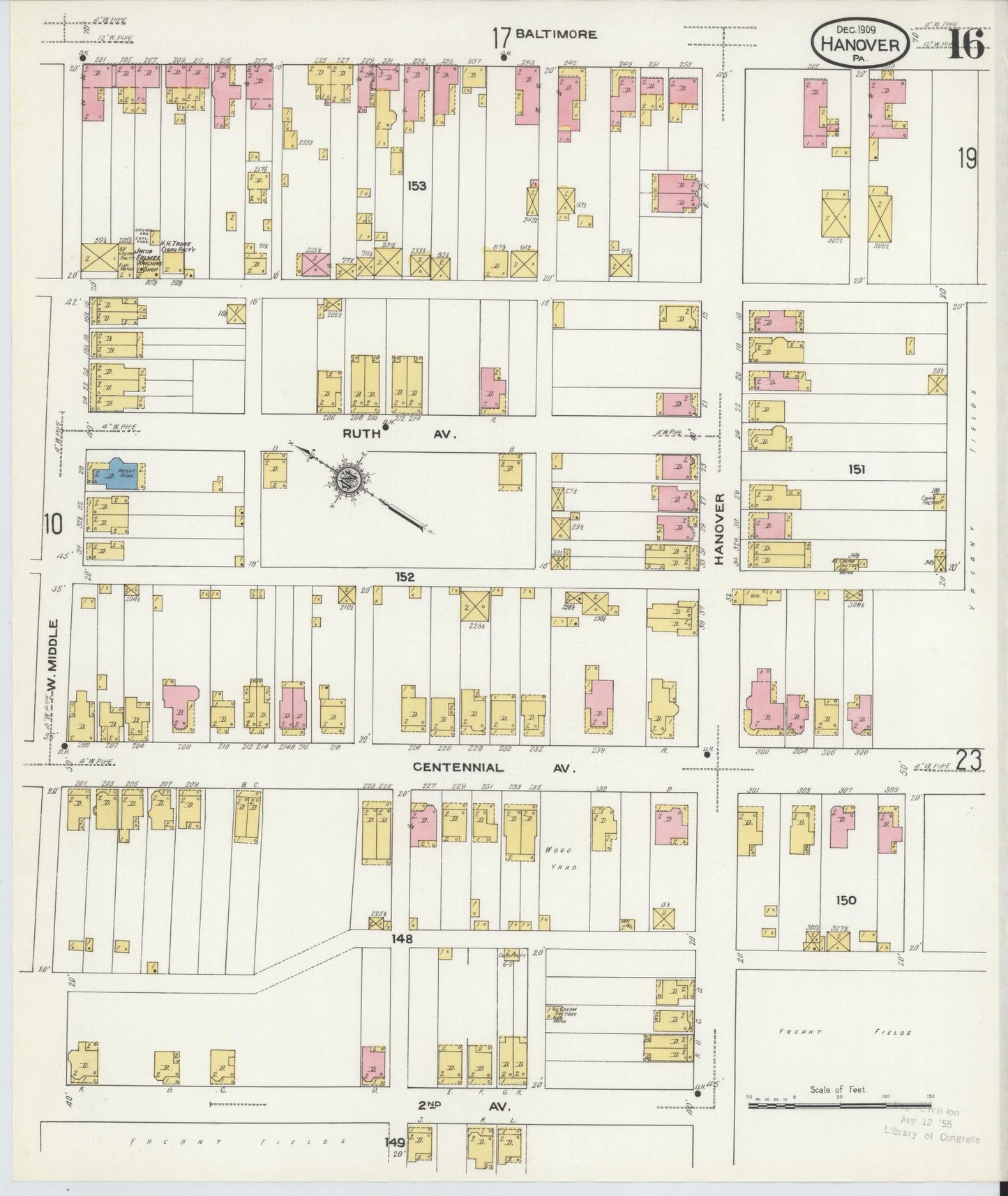 Sanborn Fire Insurance Map from Hanover, York County, Pennsylvania (1909), Sheet #0016 - Historic Sanborn Fire Insurance Map Print, vintage old map wall art, antique decor, genealogy gift, Pennsylvania Pennsylvania map