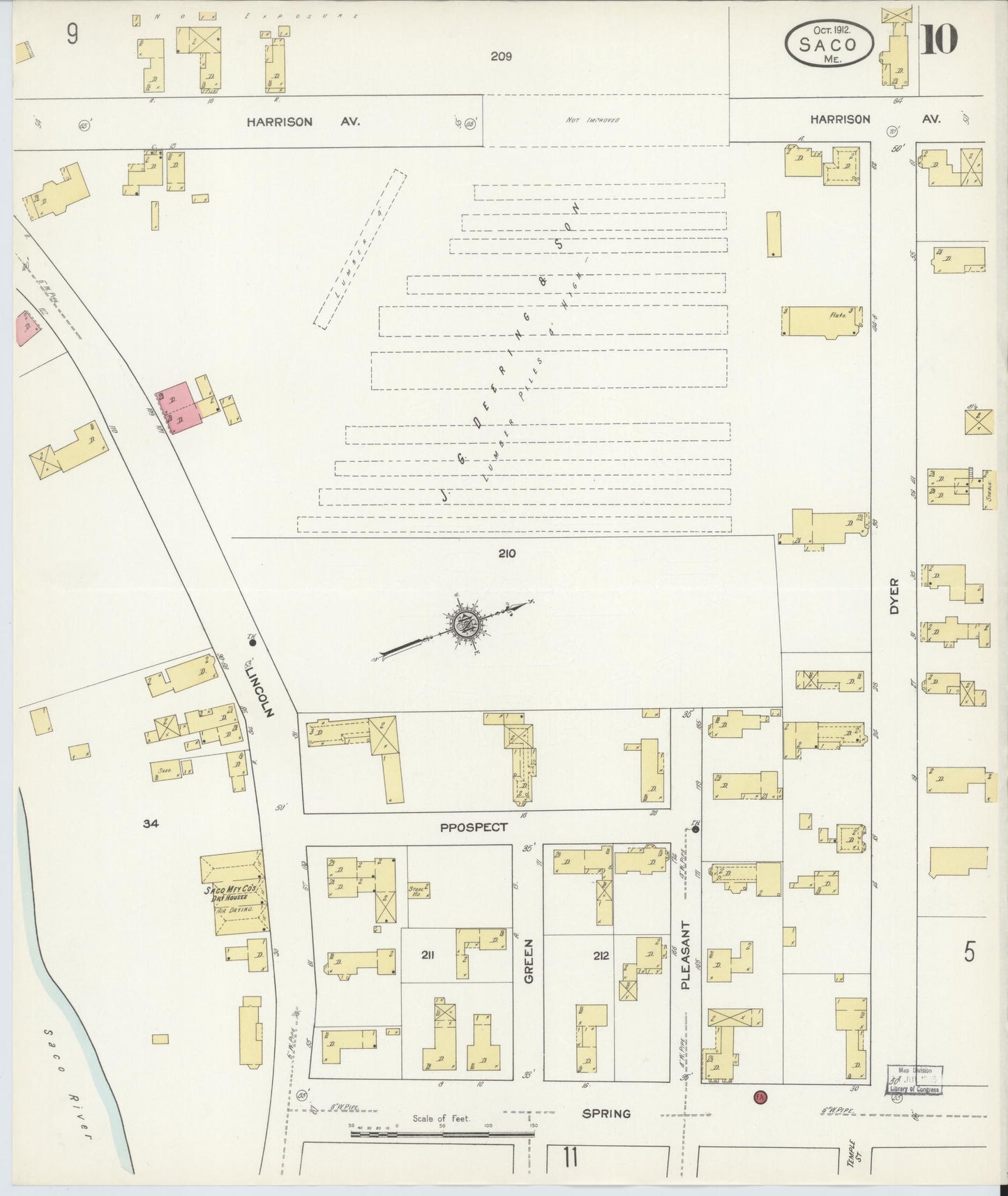 Sanborn Fire Insurance Map from Saco, York County, Maine (1912), Sheet #0010 - Historic Sanborn Fire Insurance Map Print, vintage old map wall art, antique decor, genealogy gift, Maine Maine map