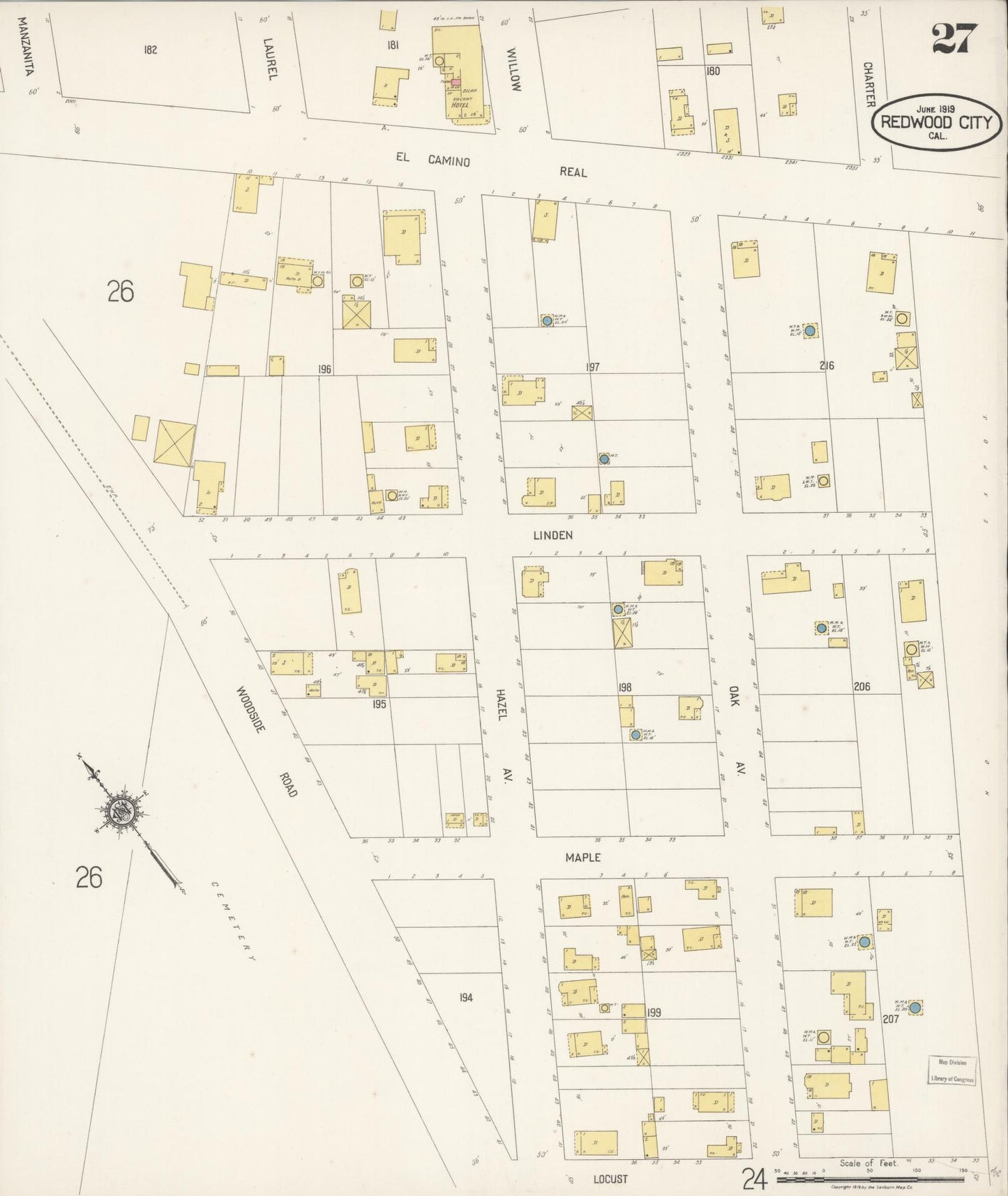 Sanborn Fire Insurance Map from Redwood City, San Mateo County, California (1919), Sheet #0027 - Complete Map Set gallery image, historic Sanborn map, vintage wall art, California California