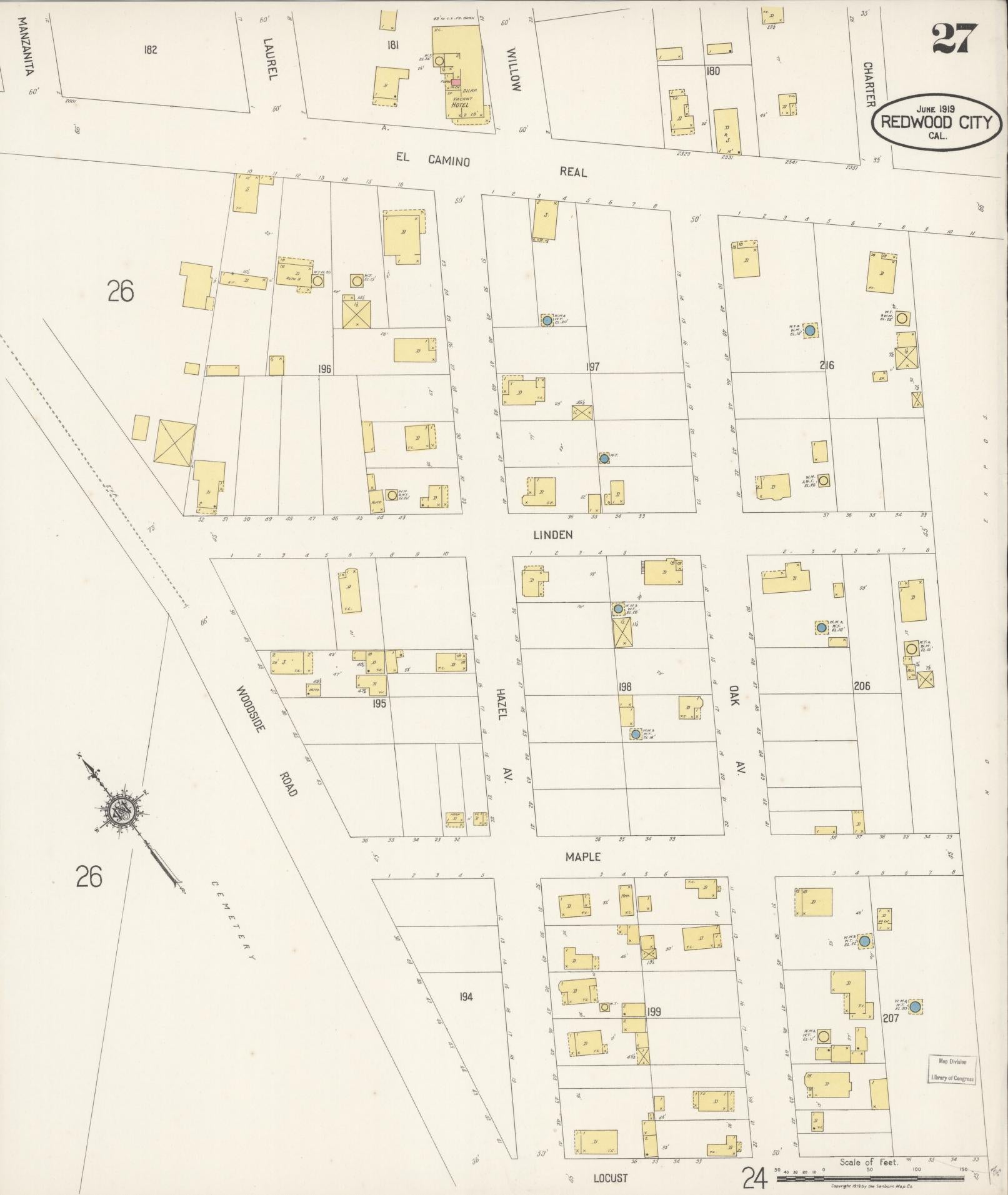 Sanborn Fire Insurance Map from Redwood City, San Mateo County, California (1919), Sheet #0027 - Complete Map Set gallery image, historic Sanborn map, vintage wall art, California California
