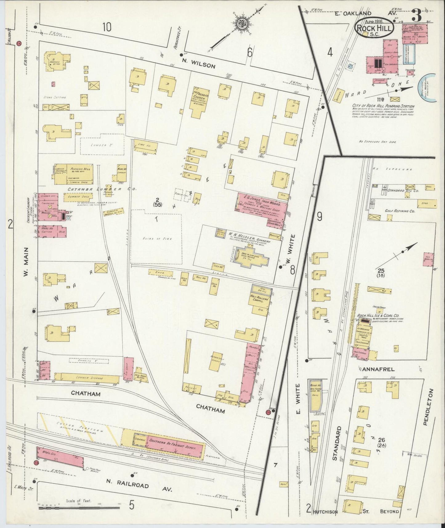 Sanborn Fire Insurance Map from Rock Hill, York County, South Carolina (1916), Sheet #0003 - Historic Sanborn Fire Insurance Map Print, vintage old map wall art, antique decor, genealogy gift, South Carolina South Carolina map