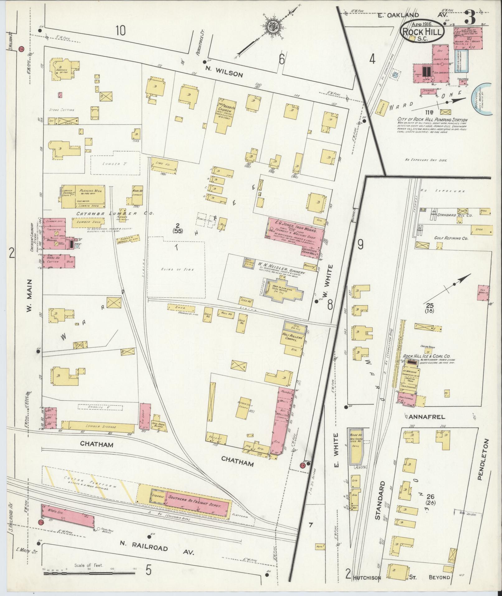 Sanborn Fire Insurance Map from Rock Hill, York County, South Carolina (1916), Sheet #0003 - Historic Sanborn Fire Insurance Map Print, vintage old map wall art, antique decor, genealogy gift, South Carolina South Carolina map
