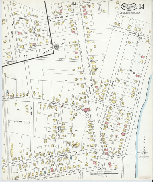 Sanborn Fire Insurance Map from Salamanca, Cattaraugus County, New York (1918), Sheet #0014 - Historic Sanborn Fire Insurance Map Print, vintage old map wall art, antique decor, genealogy gift, New York New York map