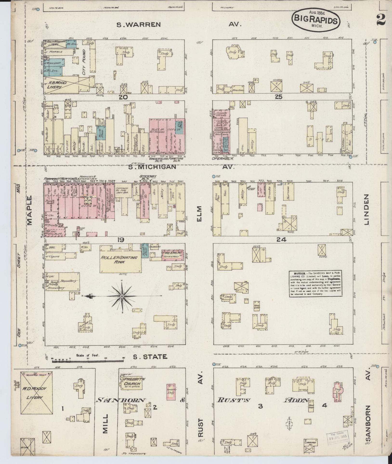 Sanborn Fire Insurance Map from Big Rapids, Mecosta County, Michigan (1884), Sheet #0002 - Complete Map Set gallery image, historic Sanborn map, vintage wall art, Michigan Michigan