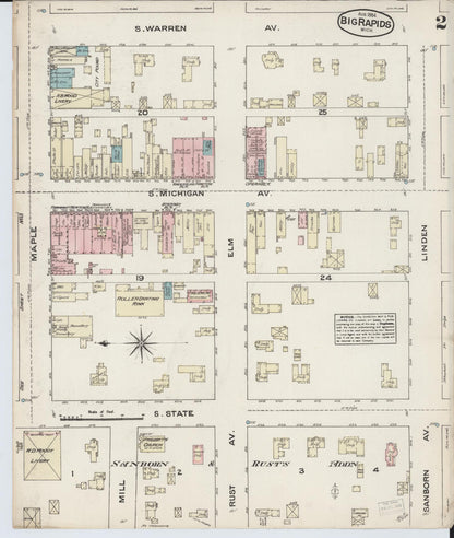 Sanborn Fire Insurance Map from Big Rapids, Mecosta County, Michigan (1884), Sheet #0002 - Complete Map Set gallery image, historic Sanborn map, vintage wall art, Michigan Michigan