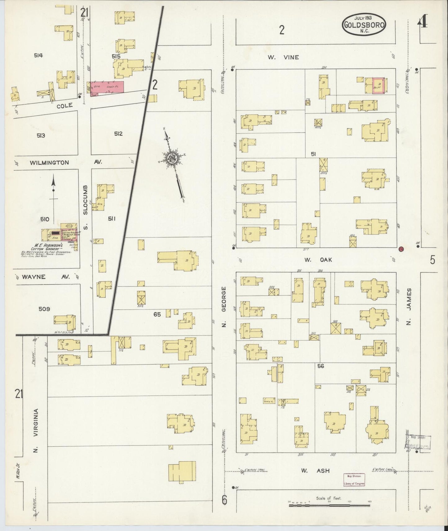 Sanborn Fire Insurance Map from Goldsboro, Wayne County, North Carolina (1913), Sheet #0004 - Complete Map Set gallery image, historic Sanborn map, vintage wall art, North Carolina North Carolina