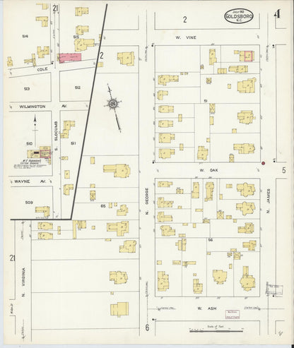 Sanborn Fire Insurance Map from Goldsboro, Wayne County, North Carolina (1913), Sheet #0004 - Complete Map Set gallery image, historic Sanborn map, vintage wall art, North Carolina North Carolina