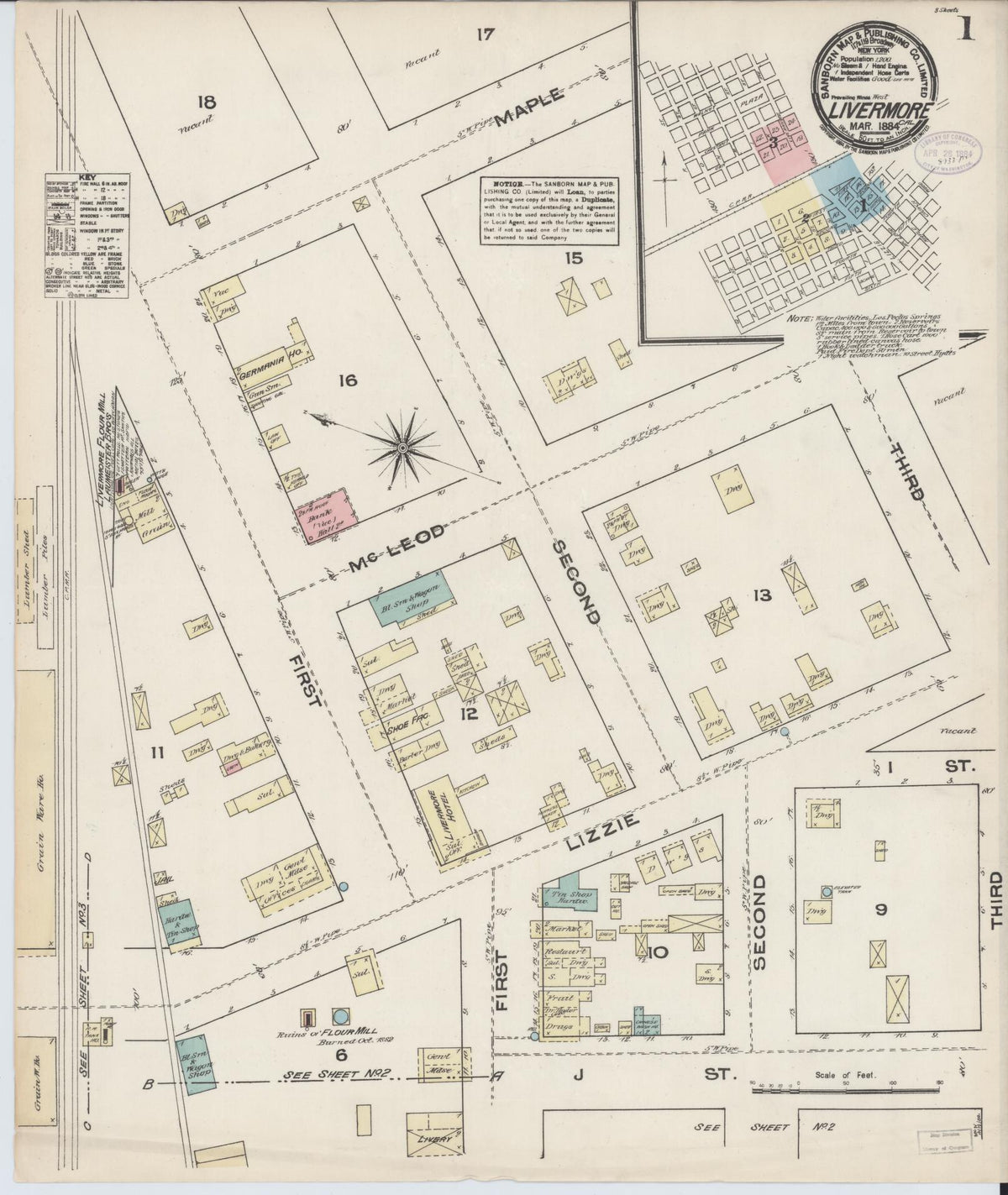 Sanborn Fire Insurance Map from Livermore, Alameda County, California (1884), Sheet #0001 - Complete Map Set gallery image, historic Sanborn map, vintage wall art, California California