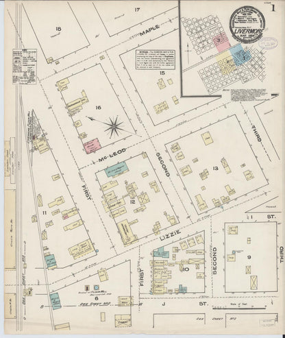 Sanborn Fire Insurance Map from Livermore, Alameda County, California (1884), Sheet #0001 - Complete Map Set gallery image, historic Sanborn map, vintage wall art, California California