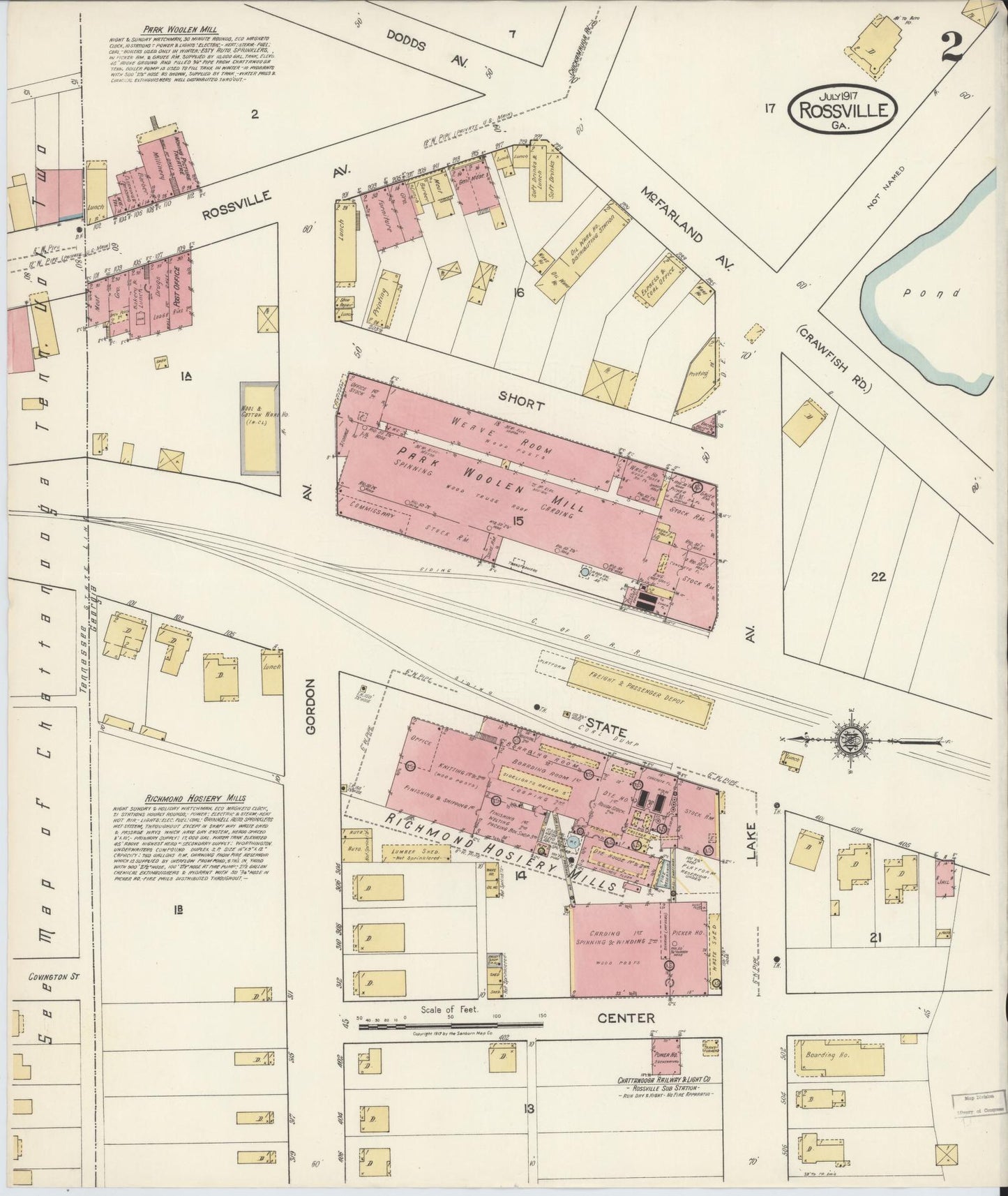 Sanborn Fire Insurance Map from Rossville, Walker County, Georgia (1917), Sheet #0002 - Complete Map Set gallery image, historic Sanborn map, vintage wall art, Georgia Georgia