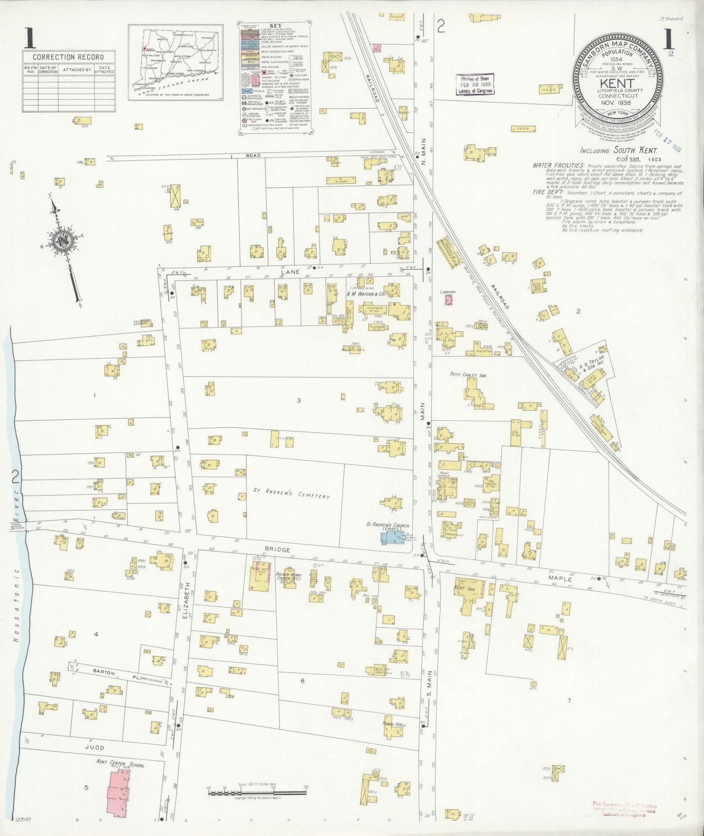 Sanborn Fire Insurance Map from Kent, Litchfield County, Connecticut (1938), Sheet #0001 - Complete Map Set gallery image, historic Sanborn map, vintage wall art, Connecticut Connecticut
