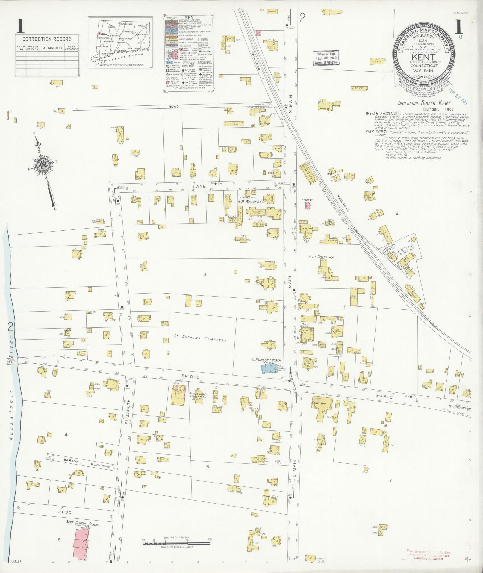 Sanborn Fire Insurance Map from Kent, Litchfield County, Connecticut (1938), Sheet #0001 - Complete Map Set gallery image, historic Sanborn map, vintage wall art, Connecticut Connecticut