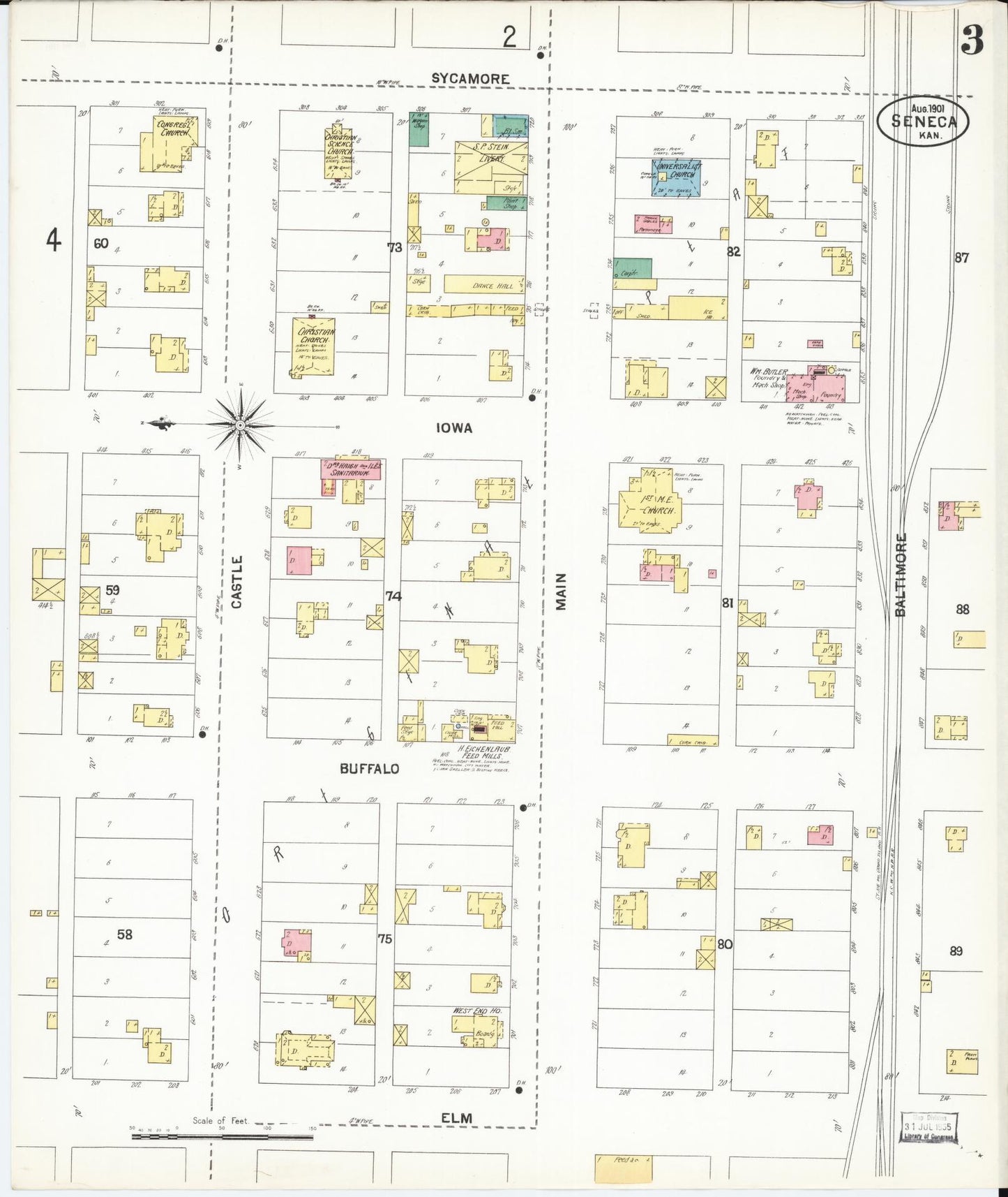 Sanborn Fire Insurance Map from Seneca, Nemaha County, Kansas (1901), Sheet #0003 - Historic Sanborn Fire Insurance Map Print, vintage old map wall art, antique decor, genealogy gift, Kansas Kansas map