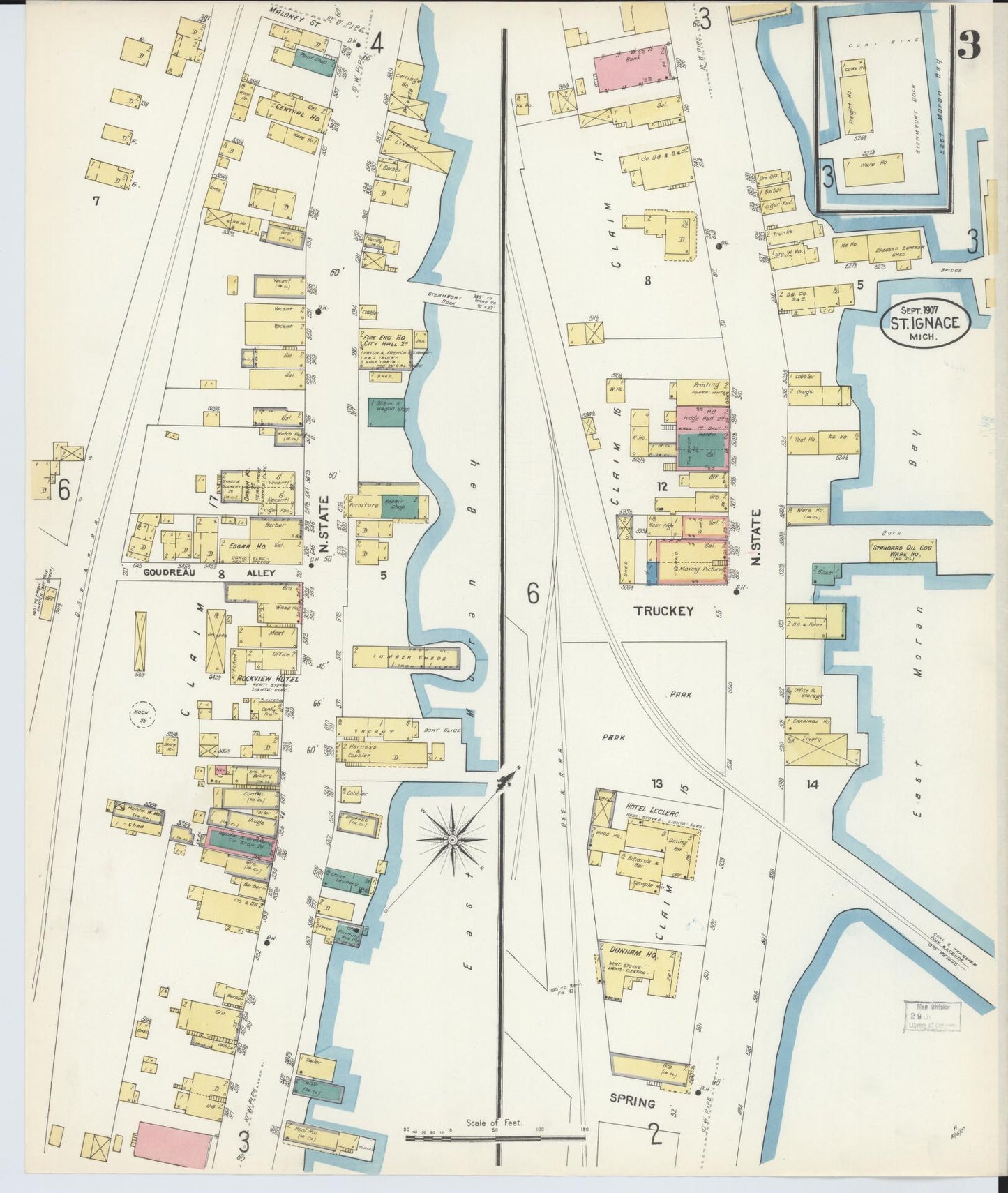 Sanborn Fire Insurance Map from Saint Ignace, Mackinac County, Michigan (1907), Sheet #0003 - Complete Map Set gallery image, historic Sanborn map, vintage wall art, Michigan Michigan
