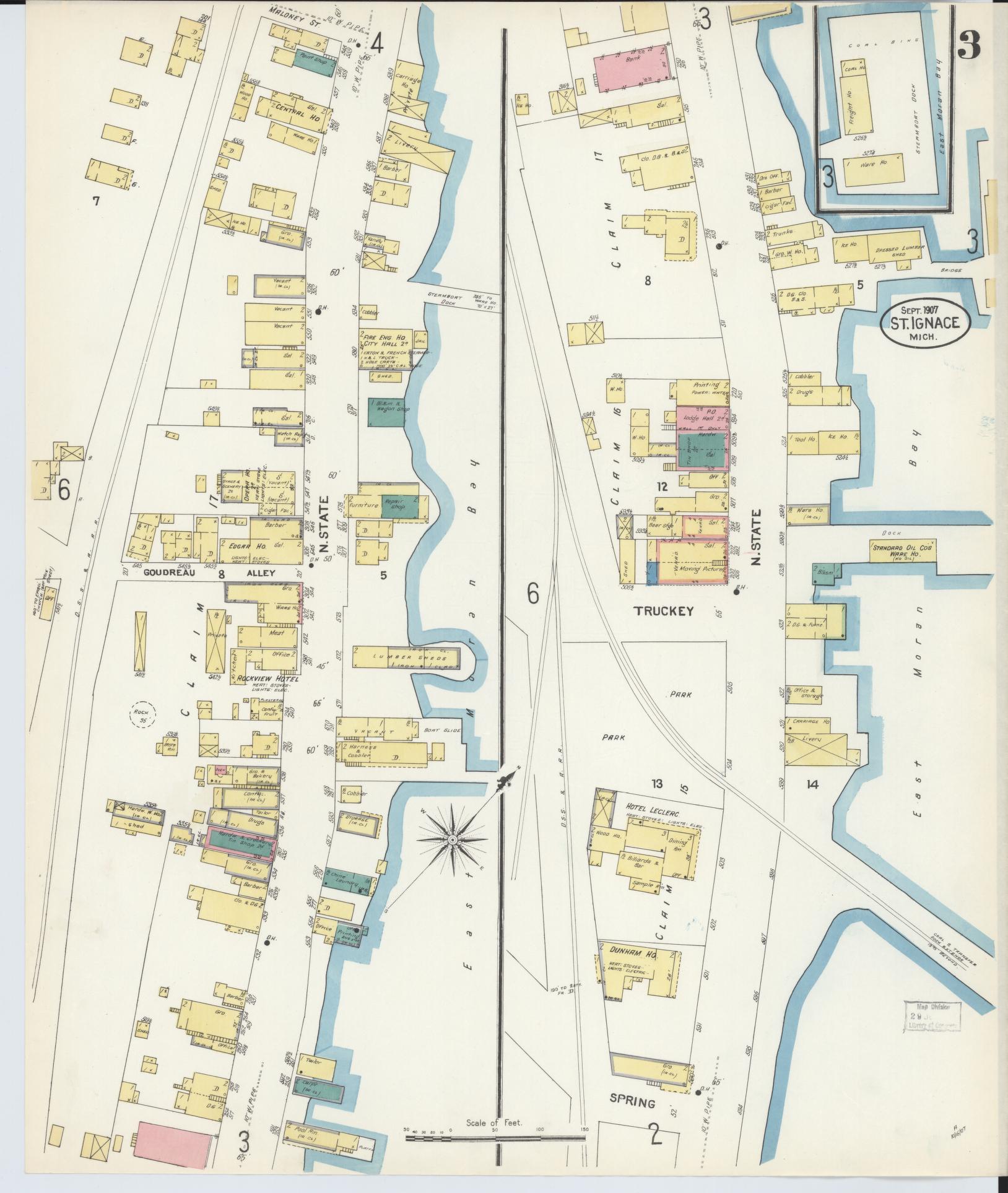 Sanborn Fire Insurance Map from Saint Ignace, Mackinac County, Michigan (1907), Sheet #0003 - Complete Map Set gallery image, historic Sanborn map, vintage wall art, Michigan Michigan