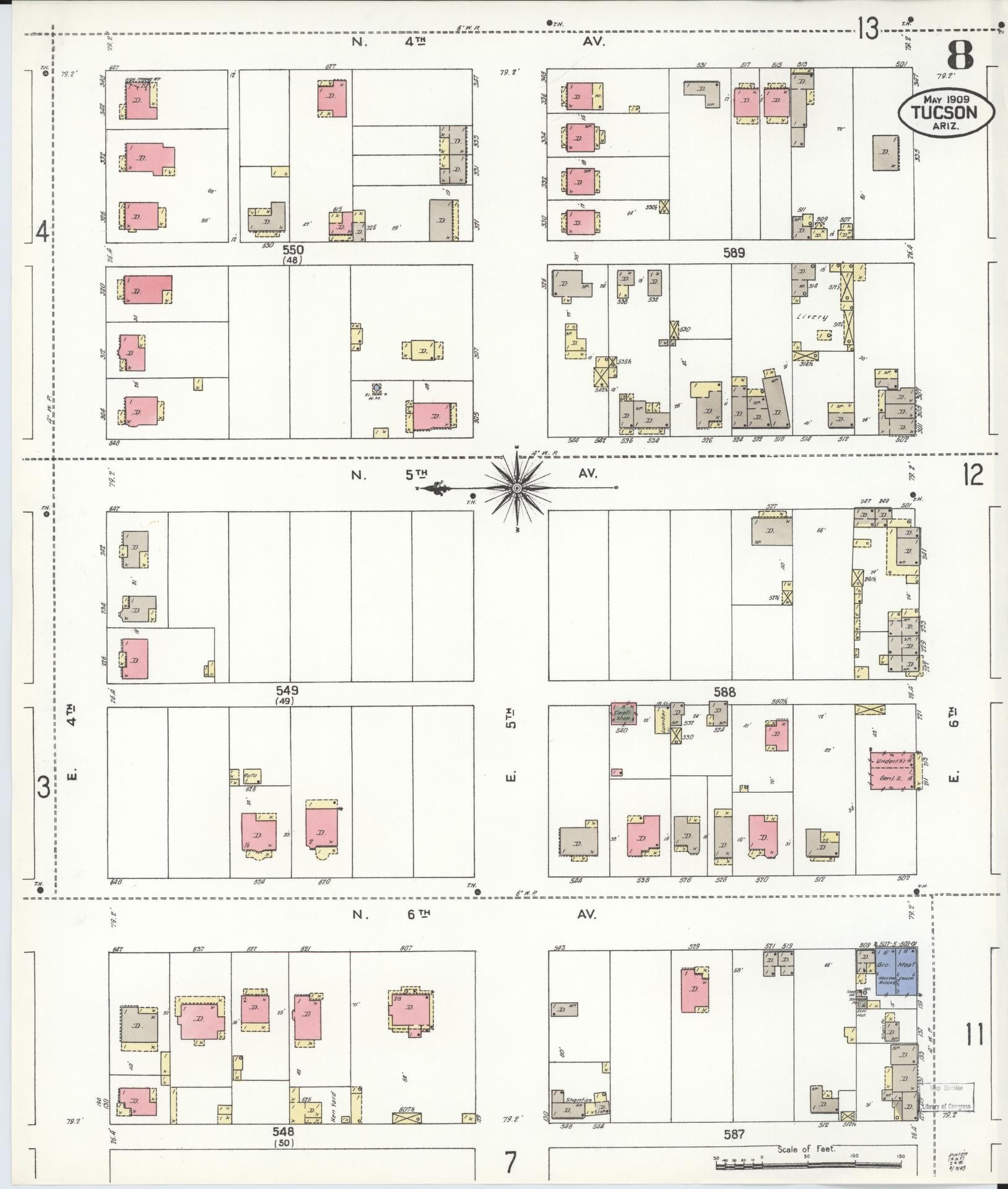 Sanborn Fire Insurance Map from Tucson, Pima County, Arizona (1909), Sheet #0008 - Historic Sanborn Fire Insurance Map Print, vintage old map wall art, antique decor, genealogy gift, Arizona Arizona map