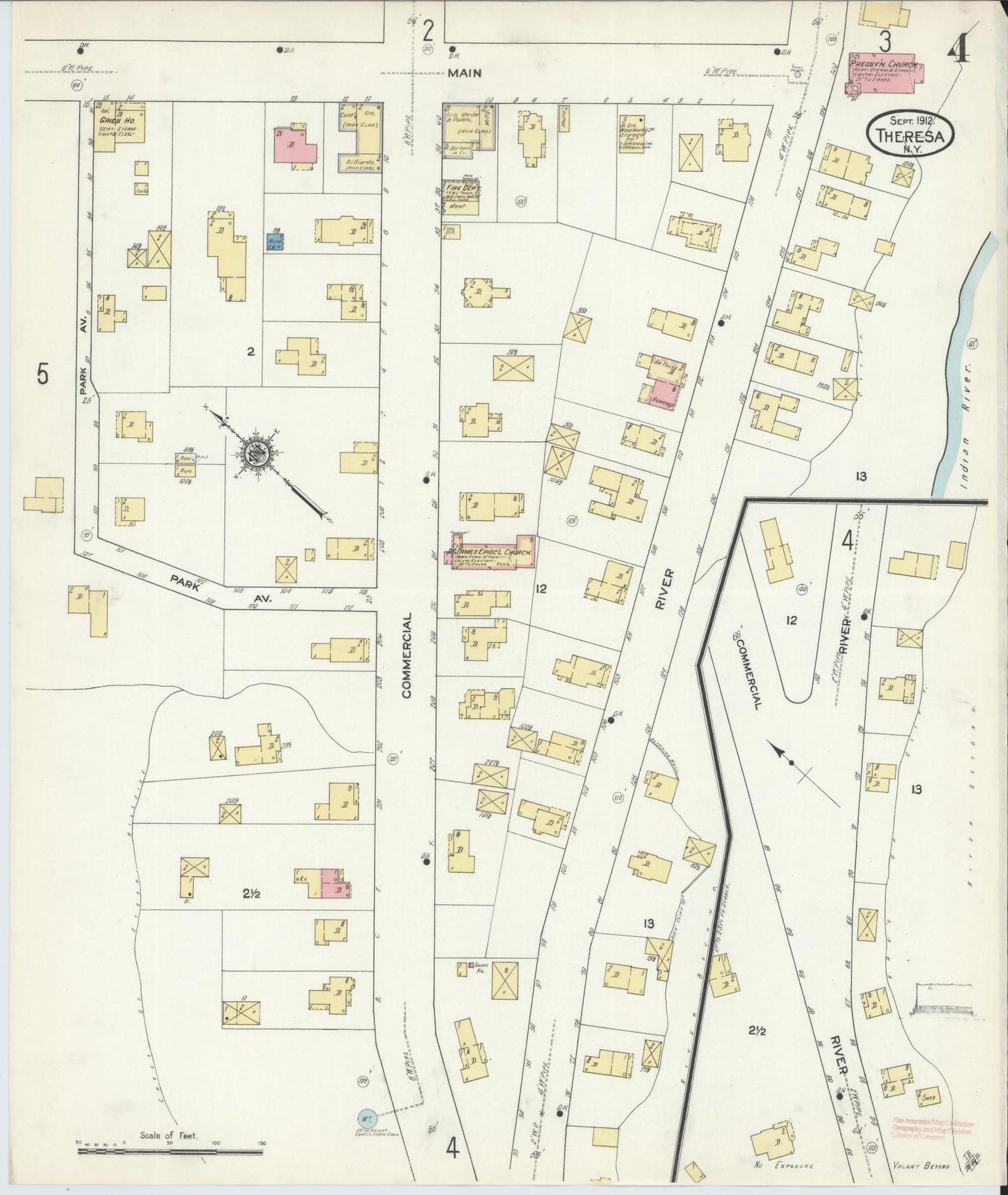 Sanborn Fire Insurance Map from Theresa, Jefferson County, New York (1912), Sheet #0004 - Historic Sanborn Fire Insurance Map Print, vintage old map wall art, antique decor, genealogy gift, New York New York map