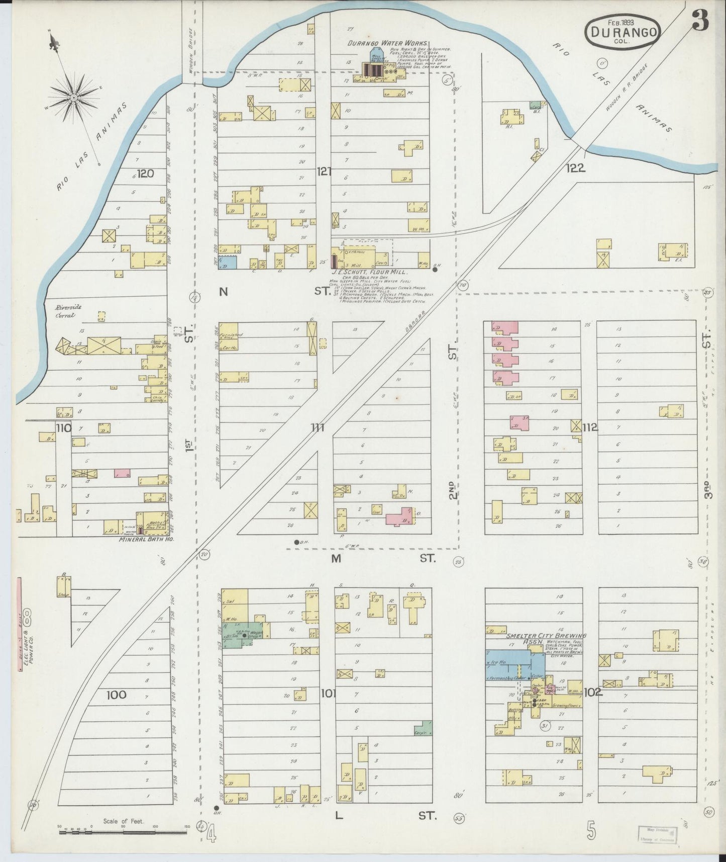 Sanborn Fire Insurance Map from Durango, La Plata County, Colorado (1893), Sheet #0003 - Historic Sanborn Fire Insurance Map Print, vintage old map wall art, antique decor, genealogy gift, Colorado Colorado map