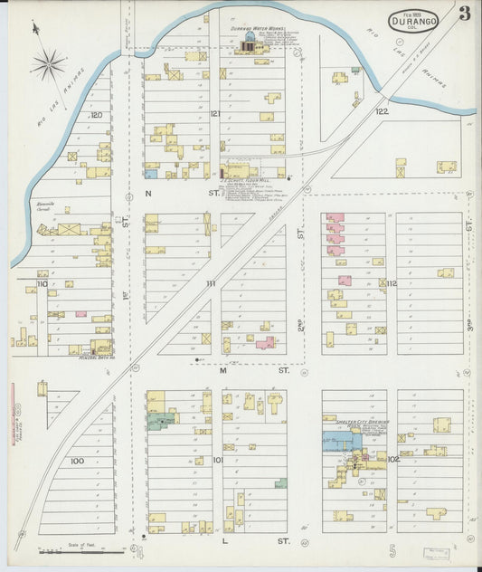 Sanborn Fire Insurance Map from Durango, La Plata County, Colorado (1893), Sheet #0003 - Historic Sanborn Fire Insurance Map Print, vintage old map wall art, antique decor, genealogy gift, Colorado Colorado map