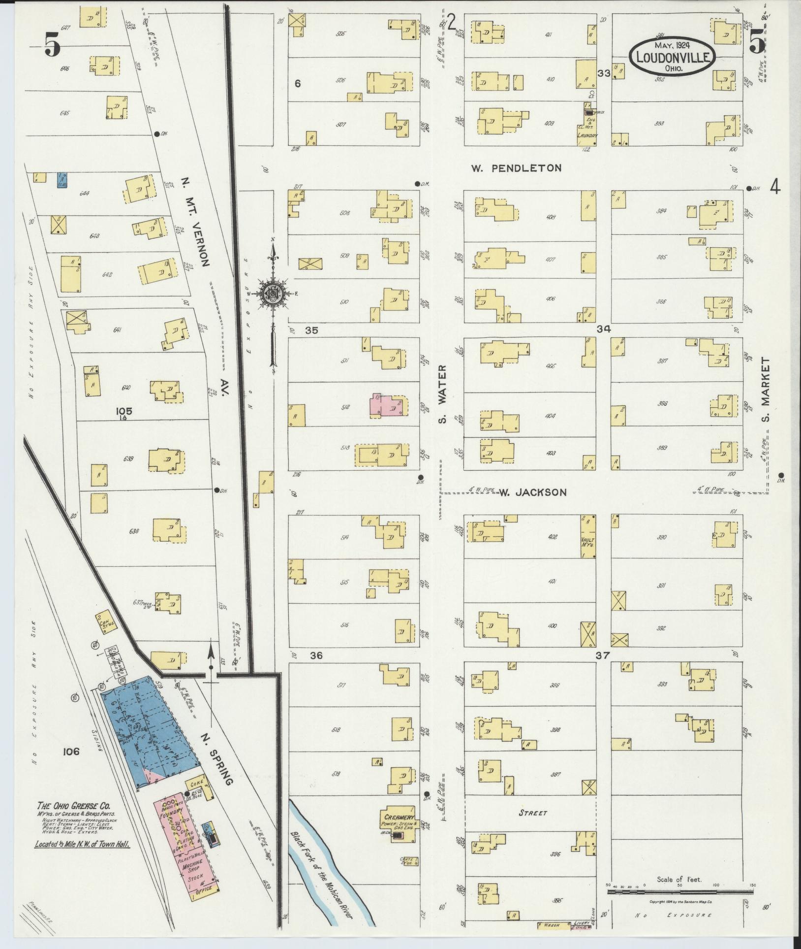Sanborn Fire Insurance Map from Loudonville, Ashland County, Ohio (1924), Sheet #0005 - Historic Sanborn Fire Insurance Map Print, vintage old map wall art, antique decor, genealogy gift, Ohio Ohio map