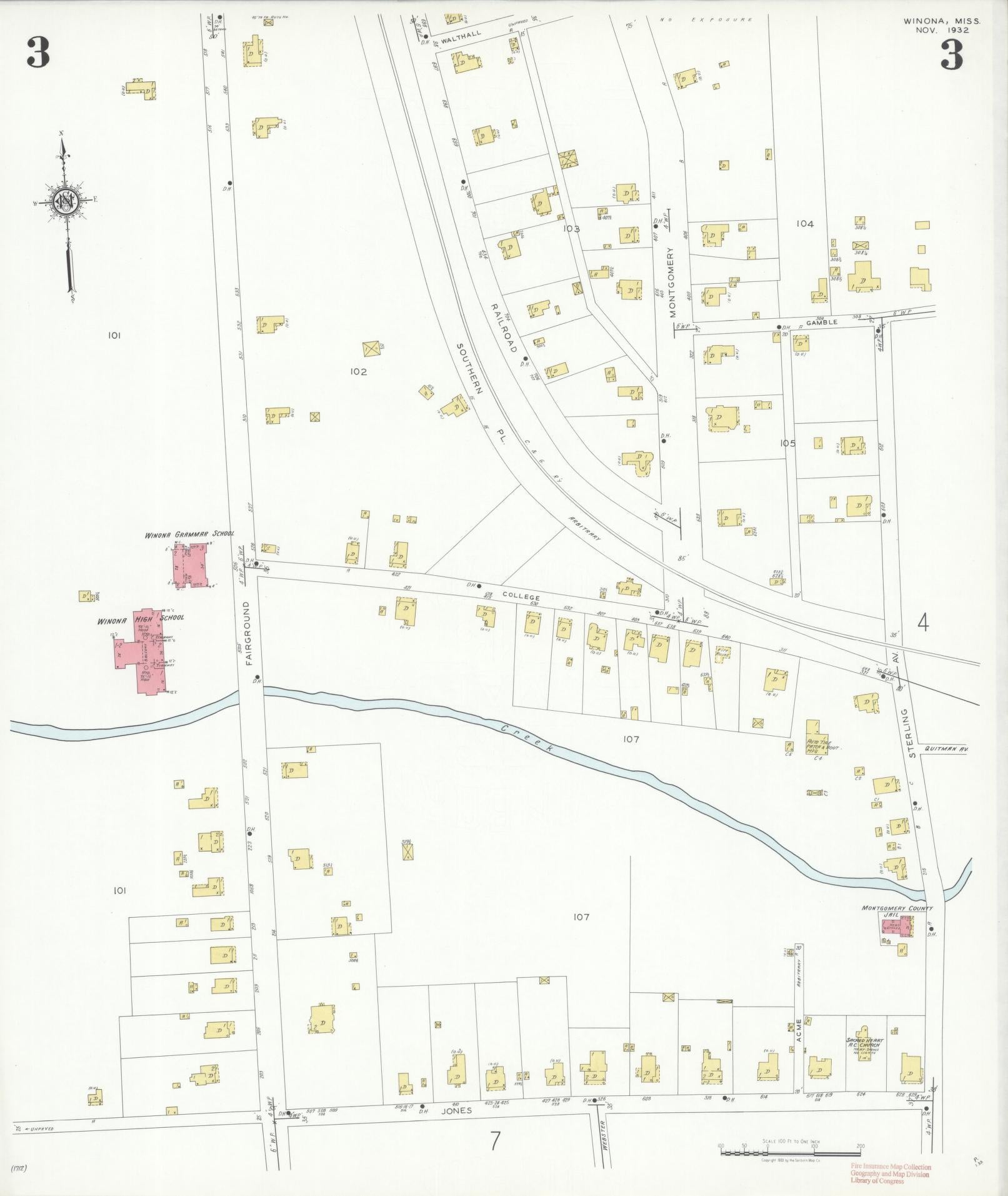 Sanborn Fire Insurance Map from Winona, Montgomery County, Mississippi (1932), Sheet #0003 - Complete Map Set gallery image, historic Sanborn map, vintage wall art, Mississippi Mississippi