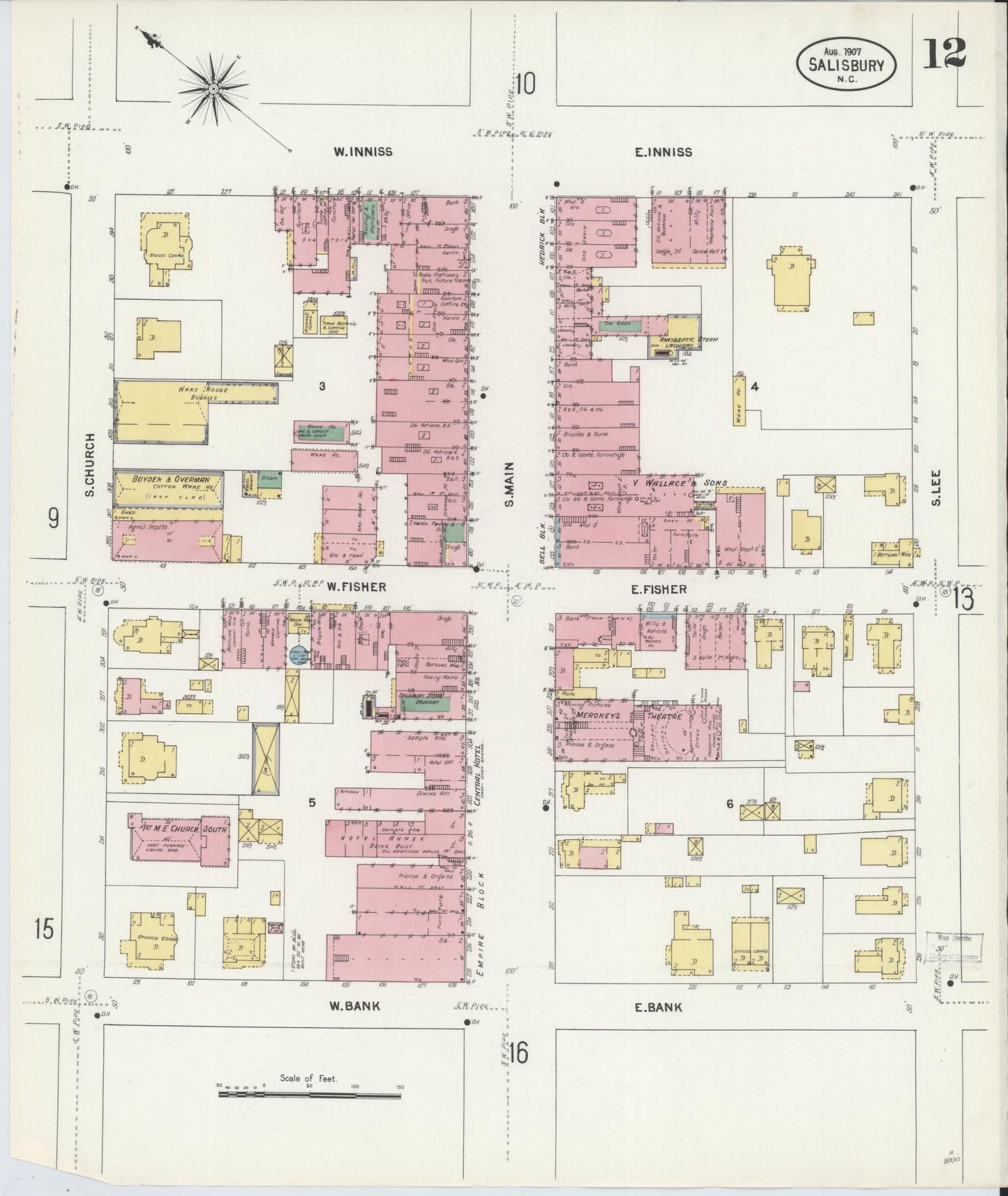 Sanborn Fire Insurance Map from Salisbury, Rowan County, North Carolina (1907), Sheet #0012 - Complete Map Set gallery image, historic Sanborn map, vintage wall art, North Carolina North Carolina
