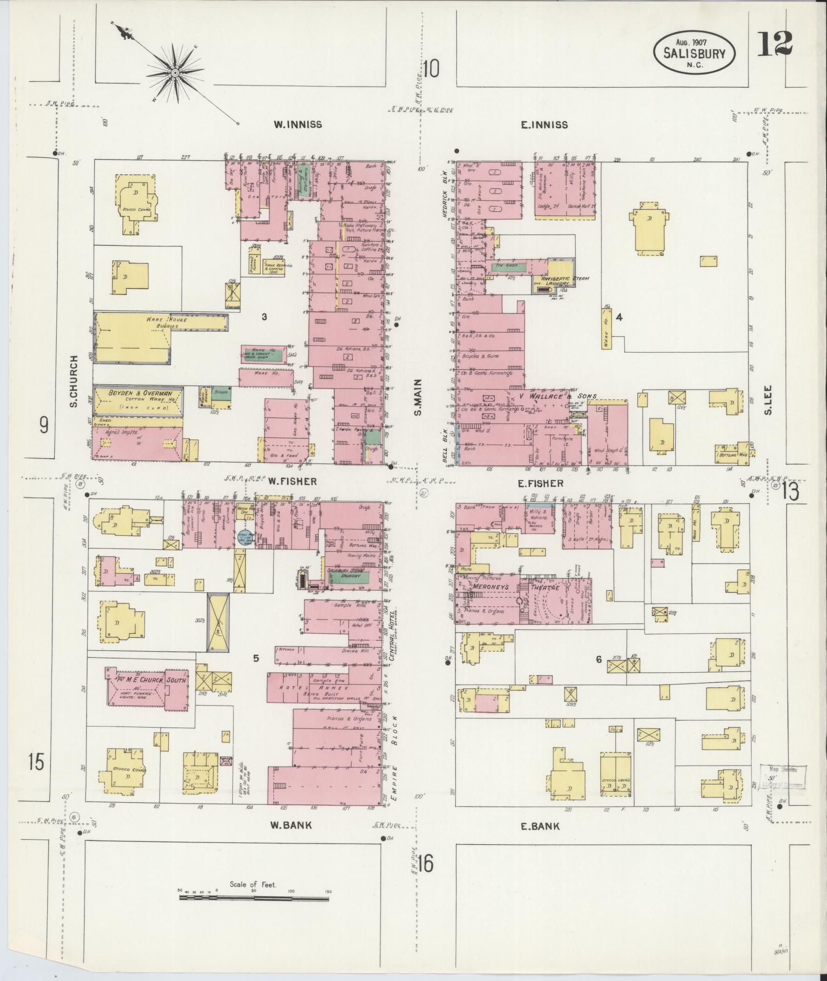 Sanborn Fire Insurance Map from Salisbury, Rowan County, North Carolina (1907), Sheet #0012 - Complete Map Set gallery image, historic Sanborn map, vintage wall art, North Carolina North Carolina
