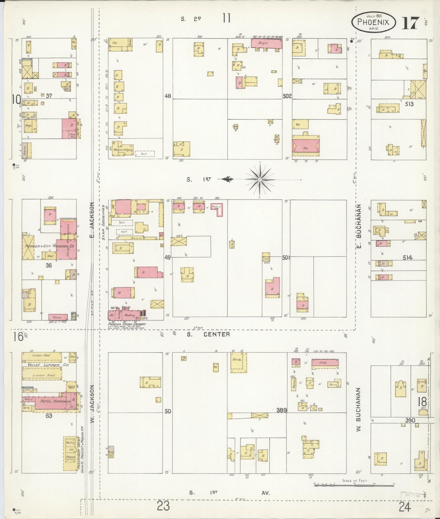 Sanborn Fire Insurance Map from Phoenix, Maricopa County, Arizona (1901), Sheet #0017 - Historic Sanborn Fire Insurance Map Print, vintage old map wall art, antique decor, genealogy gift, Arizona Arizona map