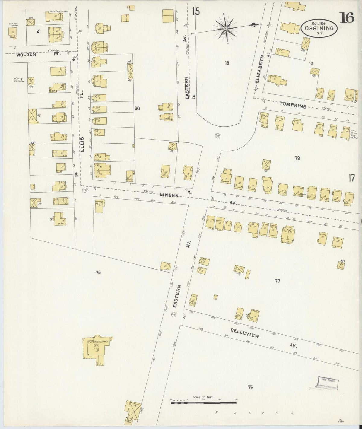 Sanborn Fire Insurance Map from Ossining, Westchester County, New York (1903), Sheet #0016 - Historic Sanborn Fire Insurance Map Print, vintage old map wall art, antique decor, genealogy gift, New York New York map