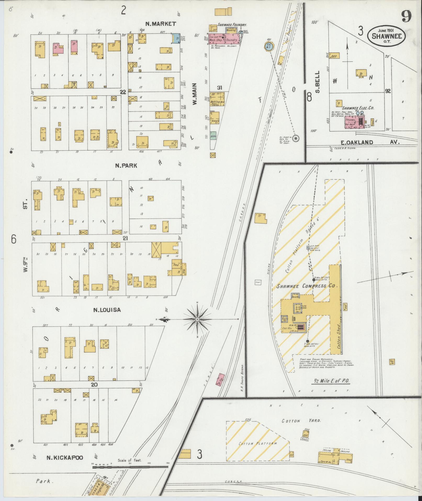 Sanborn Fire Insurance Map from Shawnee, Pottawatomie County, Oklahoma (1901), Sheet #0009 - Complete Map Set gallery image, historic Sanborn map, vintage wall art, Oklahoma Oklahoma