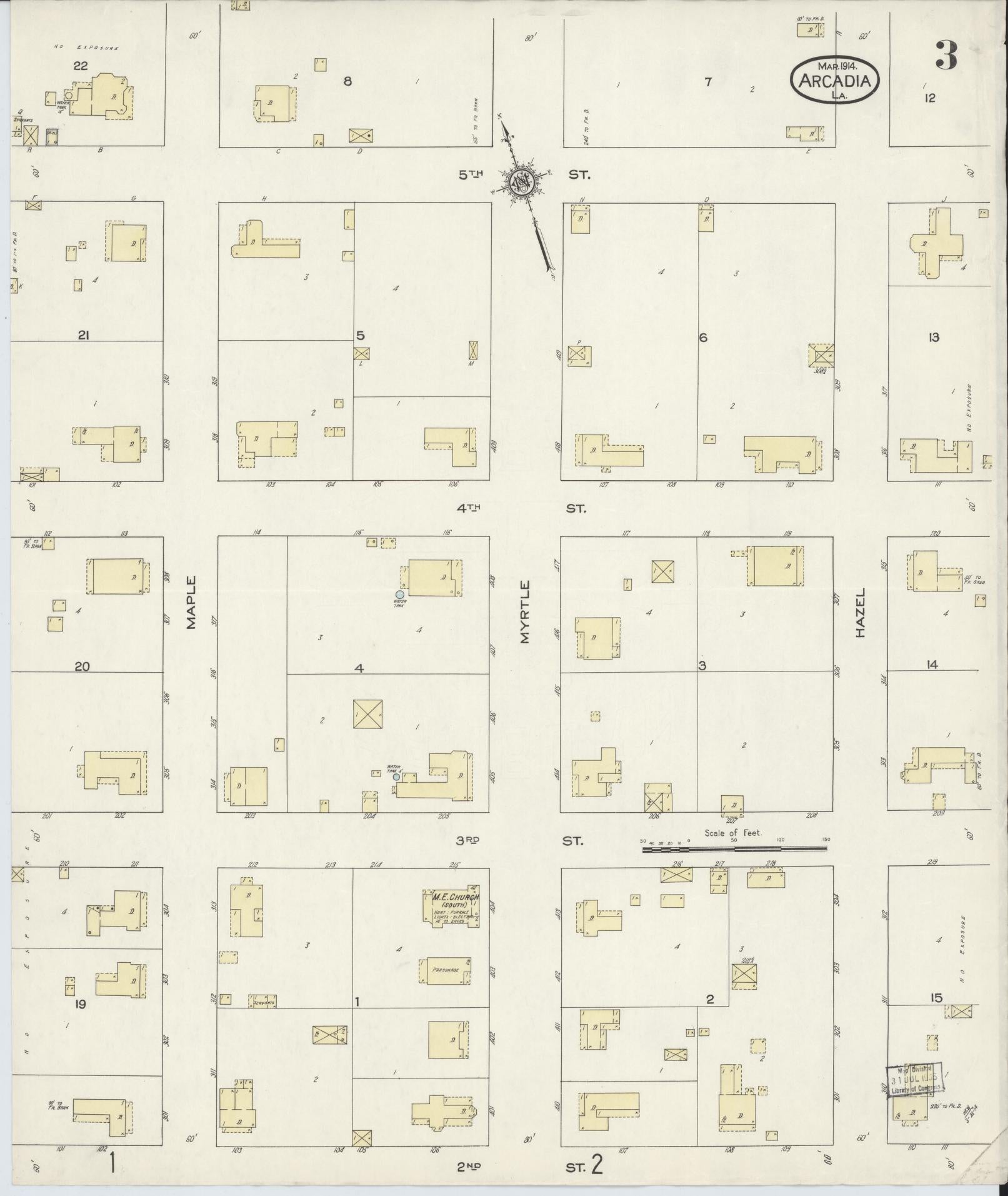 Sanborn Fire Insurance Map from Arcadia, Bienville Parish, Louisiana (1914), Sheet #0003 - Historic Sanborn Fire Insurance Map Print, vintage old map wall art, antique decor, genealogy gift, Louisiana Louisiana map